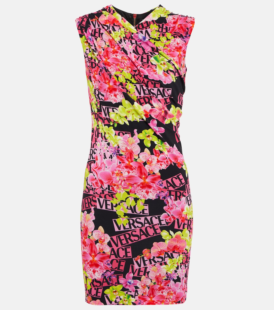 

Мини-платье из джерси с цветочным принтом Versace, Black+Pink