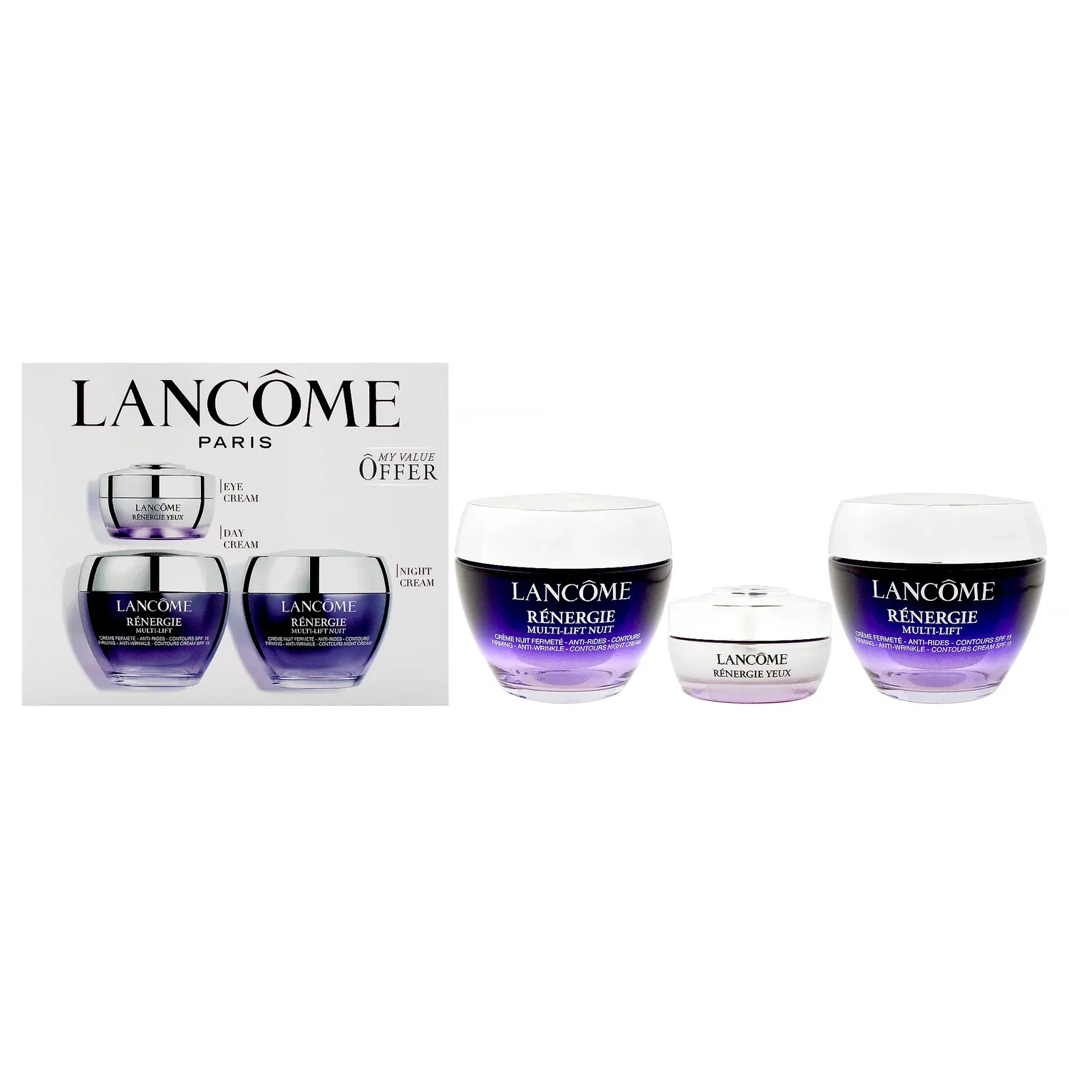 Набор Renergie от Lancome для женщин - 3 предмета: укрепляющий крем против морщин SPF15 (48 г), укрепляющий ночной крем против морщин (48 г), лифтинг-крем для глаз (14 г), белый