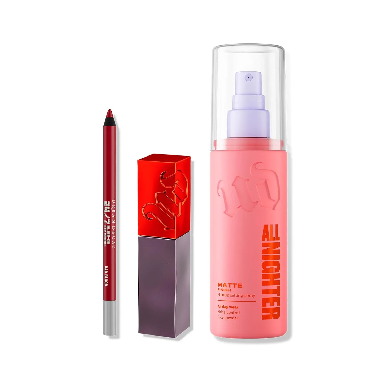 Urban Decay Glam Holiday Makeup Look (Cherry Merry 3Pc Bundle) - набор для лица и губ: All Nighter Matte Setting Spray, Glide-On Waterproof Lip Pencil, Vice Lip Bond Longwear Liquid Lipstick