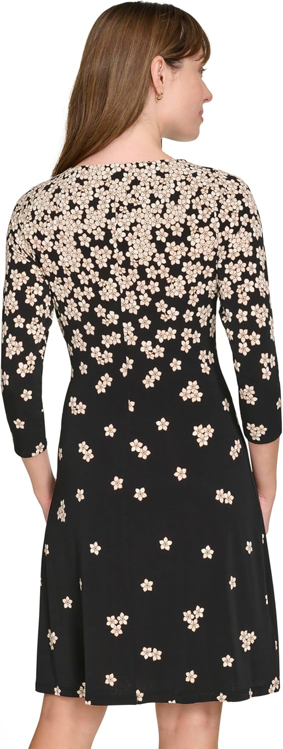 Женское мини-платье-футляр Tommy Hilfiger с рукавами 3/4 и круглым вырезом, Black/Cream Multi — фото 4