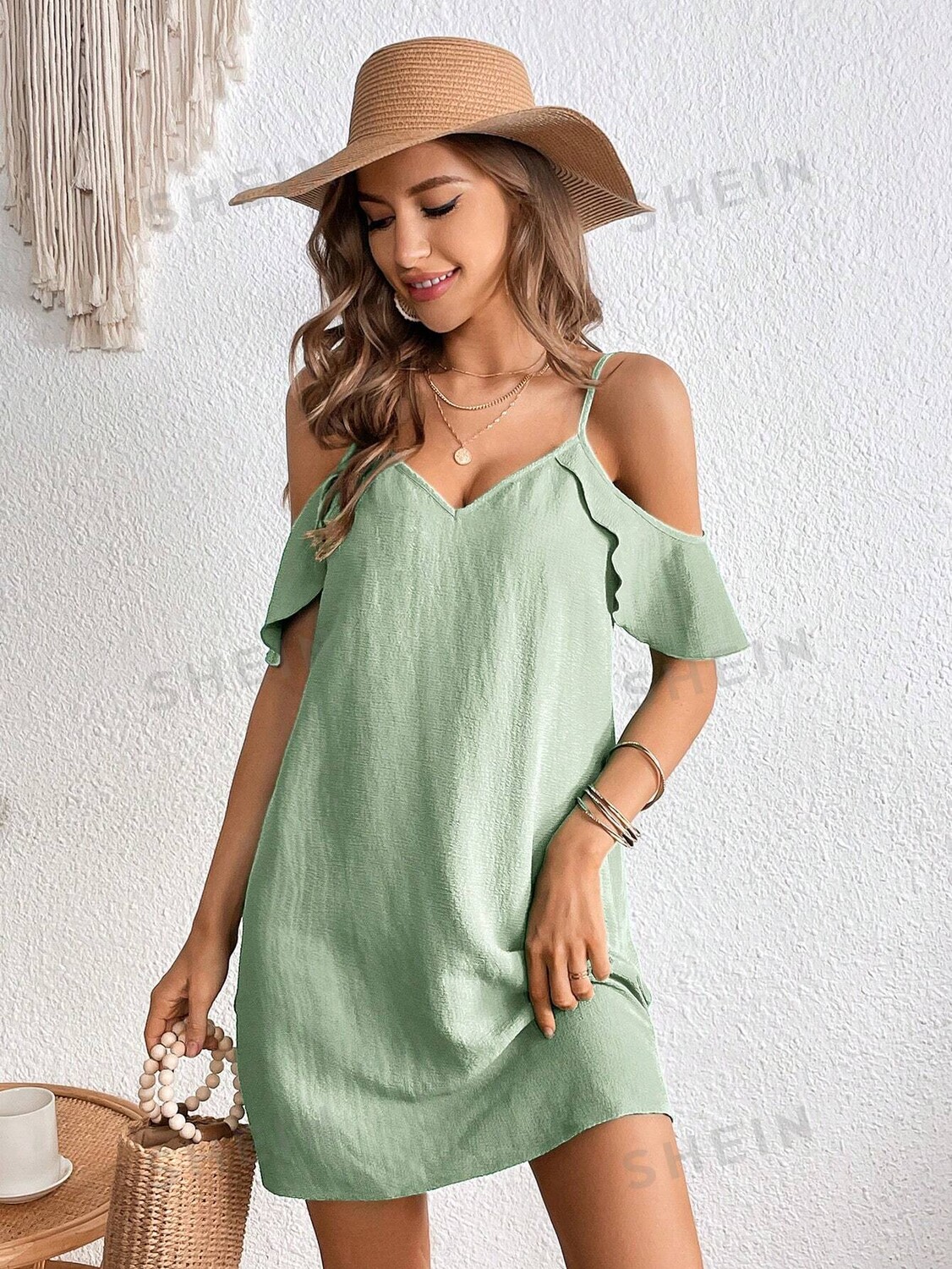 

Платье женское Shein Vcay с открытыми плечами, мятно-зеленый