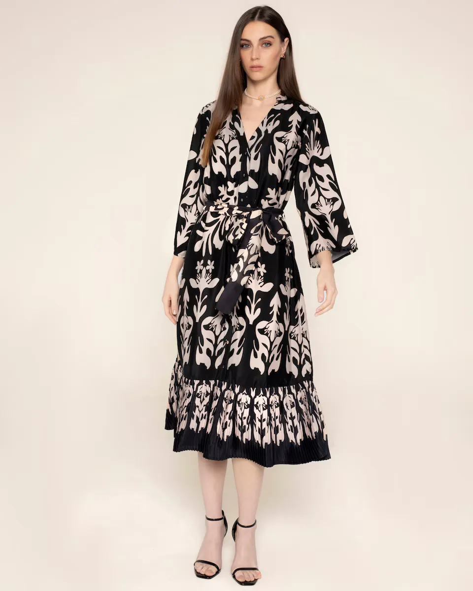 

Элегантное миди-платье с цветочным принтом, V-образным вырезом и рукавом три четверти Niza, черный