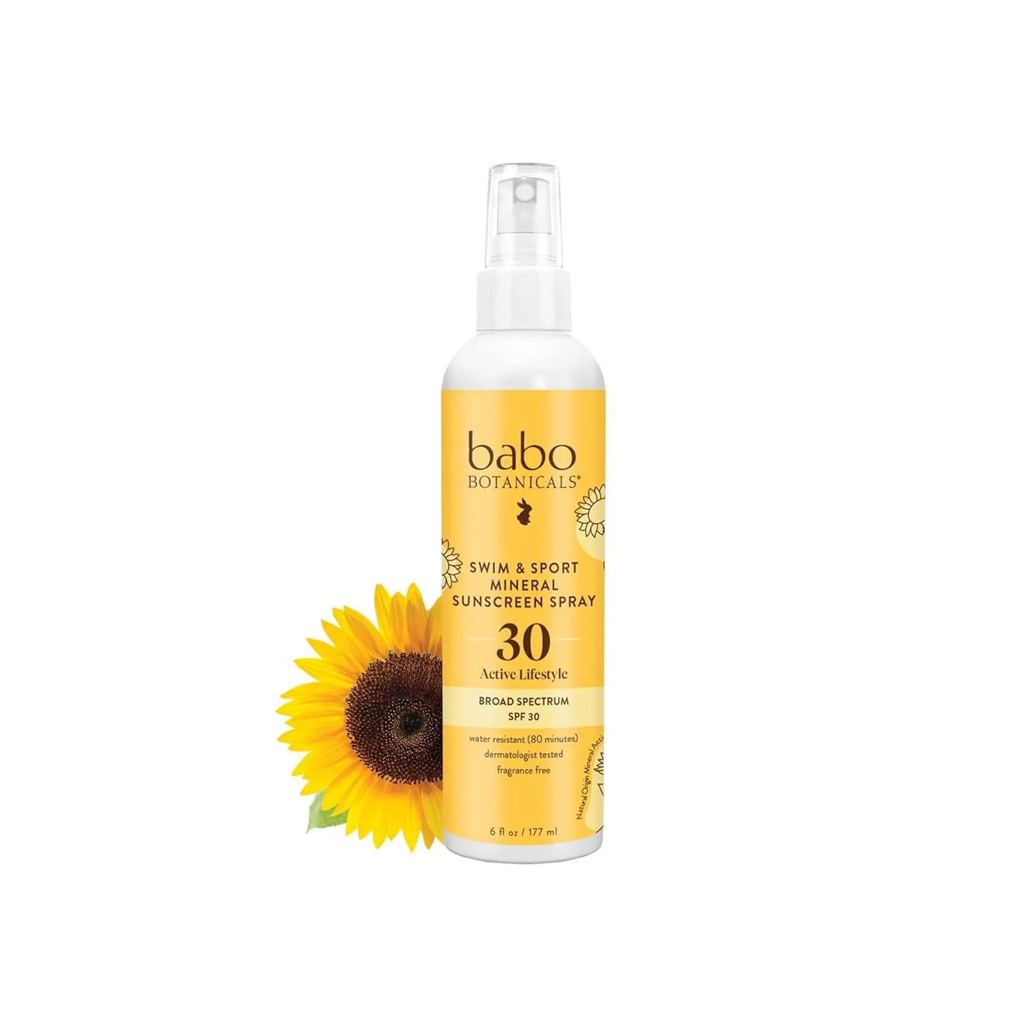 Babo Botanicals минеральный солнцезащитный спрей для плавания и спорта SPF 30 с натуральным оксидом цинка для лица и тела, для всех возрастов, дерматологически протестирован, cruelty-free, без отдушек, водостойкий, Yellow
