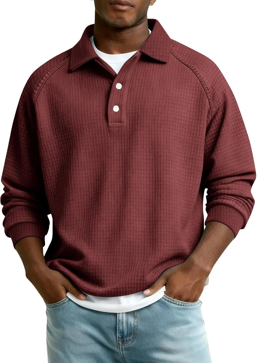 

Футболка-поло Waffle для мужчин Casual Oversized с длинным рукавом