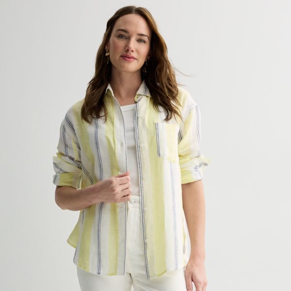 

Женская оверсайз рубашка из льняной смеси в стиле boyfriend Sonoma Goods For Life, цвет yellow blue stripe