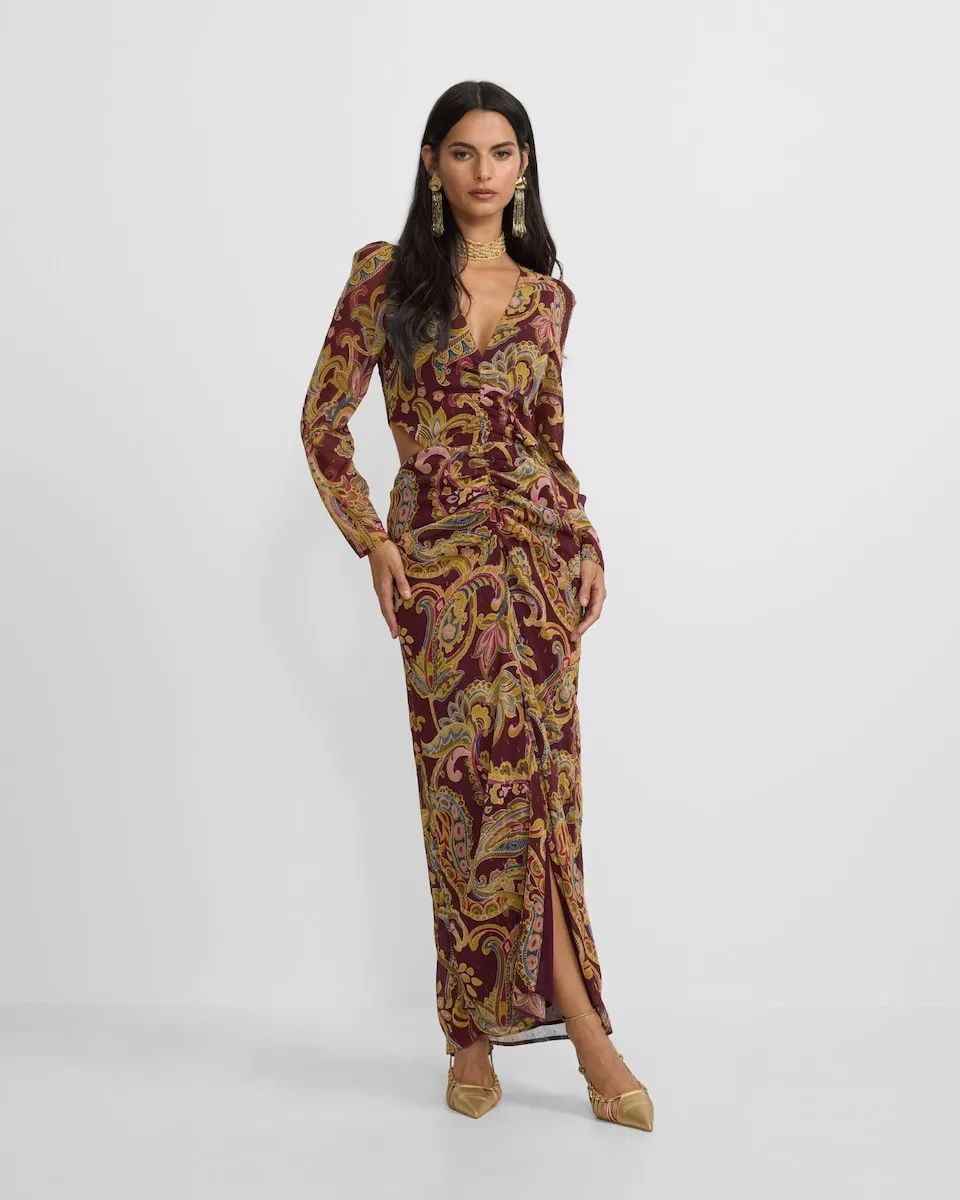 

Длинное платье с разрезом, с узором кашемир бордового цвета Silbon