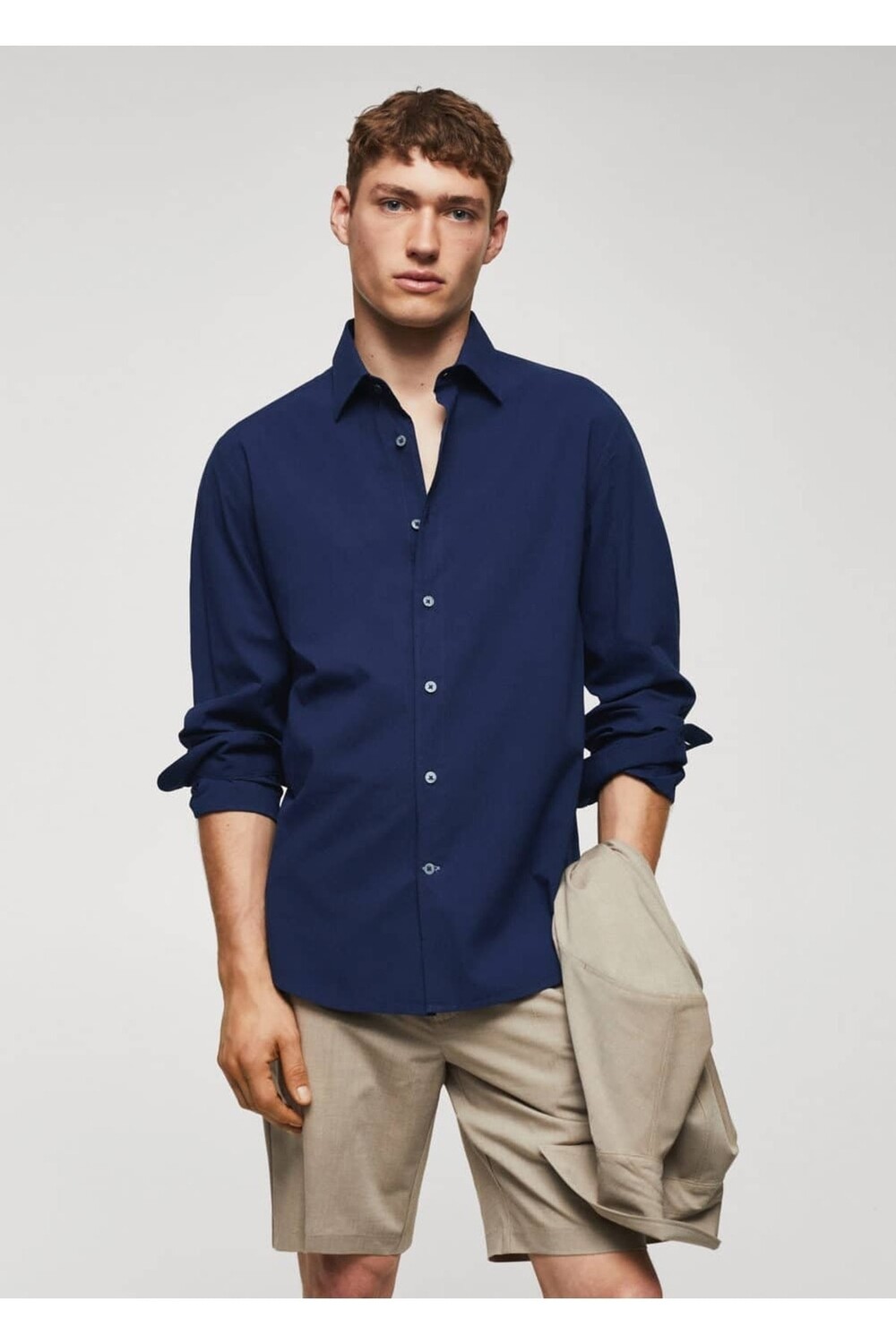 

Рубашка Slim Fit из хлопка из жатого хлопка Mango, синий