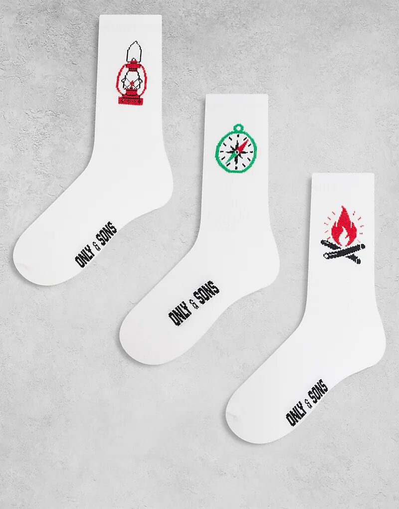 

ONLY & SONS 3 пары носков с принтом для улицы, цвет белый