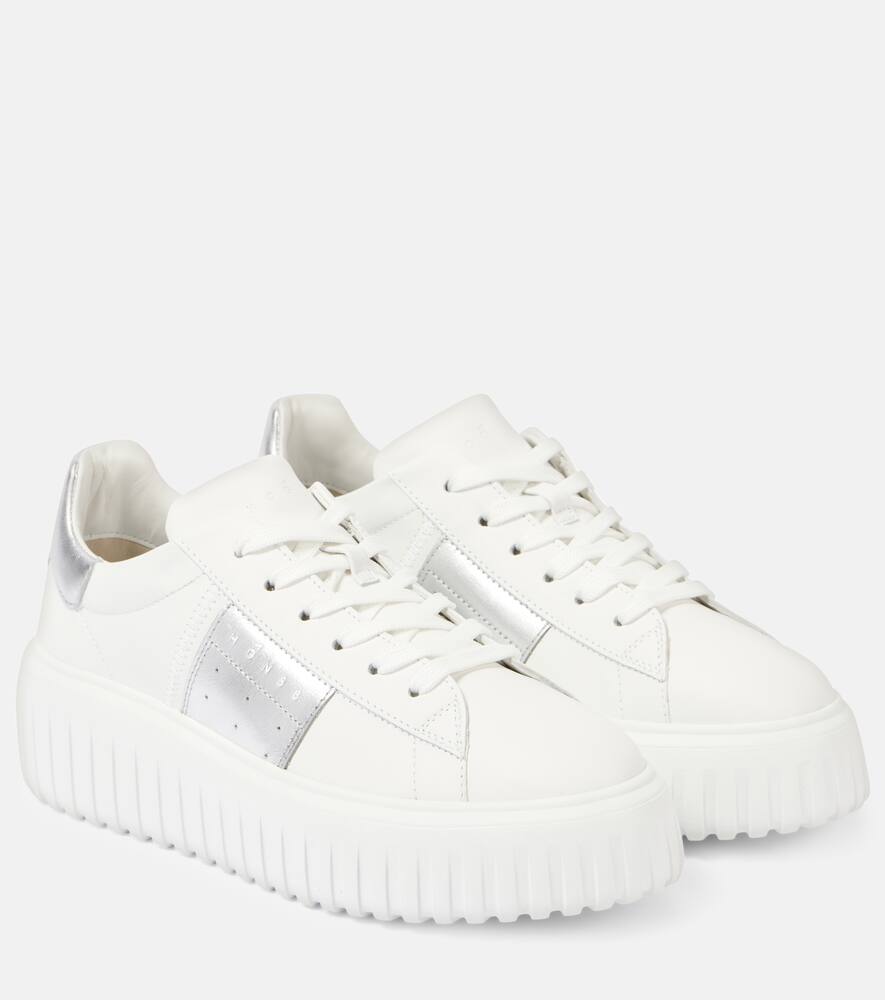 Кожаные кроссовки на платформе с горизонтальными полосками Hogan, B001+B200-Bianco Argento