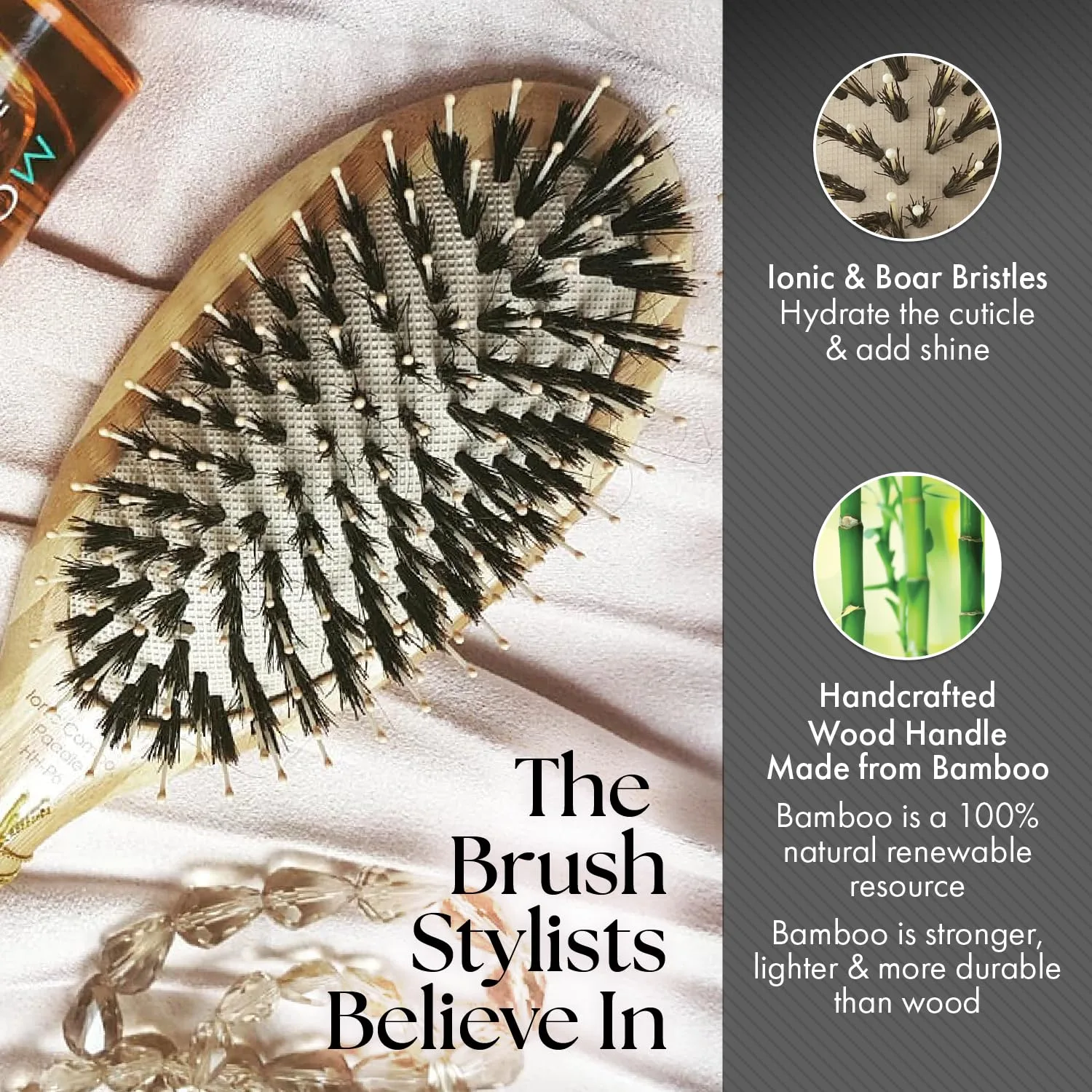 Ионная щетка для волос Olivia Garden Healthy Hair Eco Friendly Bamboo с бамбуковым наполнителем, экологически чистая. Комбо щетина кабана, Black, Brown, White — фото 4