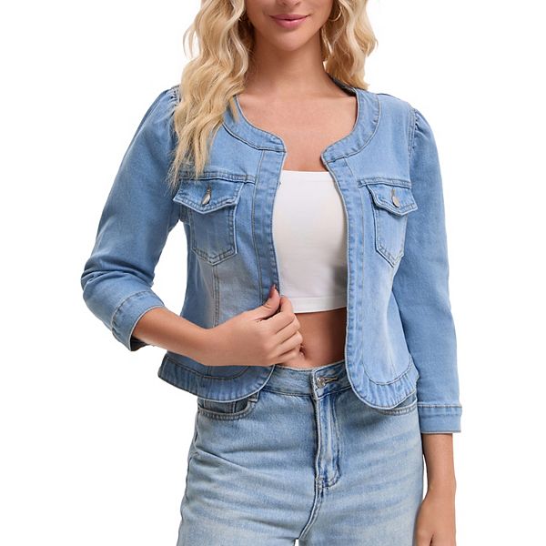 

Женская джинсовая куртка-кардиган без воротника с рукавом 3/4 Inspire Chic, Light Blue