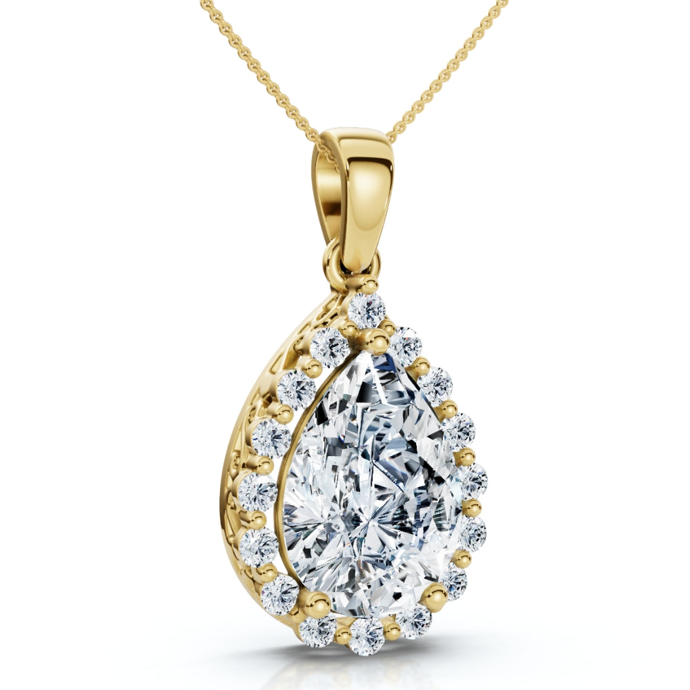

Подвеска-ореол с сертифицированным грушевидным бриллиантом 3,40 карата, выращенным в лаборатории из 14-каратного золота, 1 дюйм Pompeii2, 14K Yellow Gold