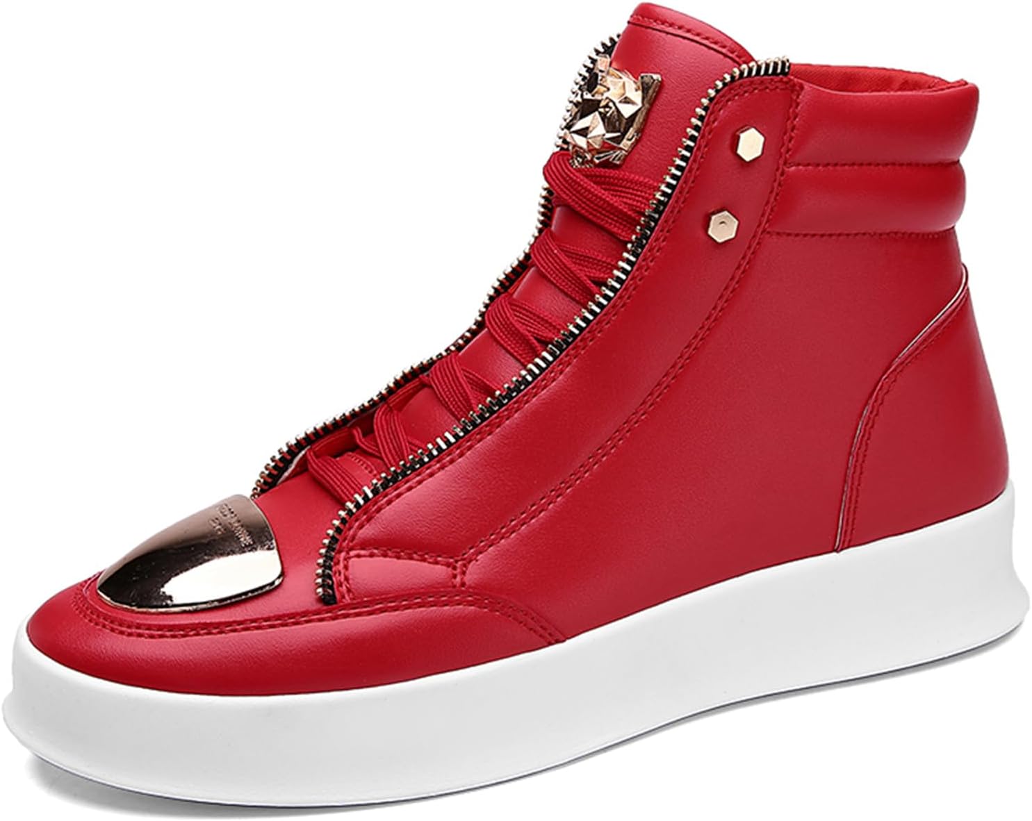

Мужские высокие кожаные кроссовки на шнуровке с платформой, удобные, противоскользящие, с металлическим декором, в корейском стиле, модные повседневные обувь для работы, уличных танцев Qklmwes, красный