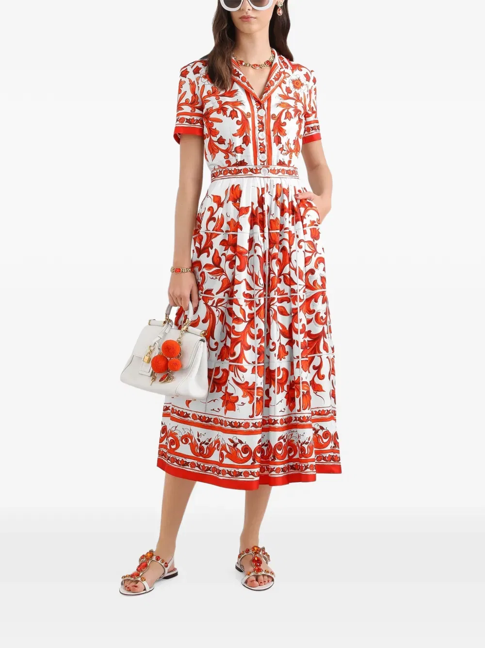 Платье из саржи с майоликовой печатью Dolce & Gabbana, красный — фото 2
