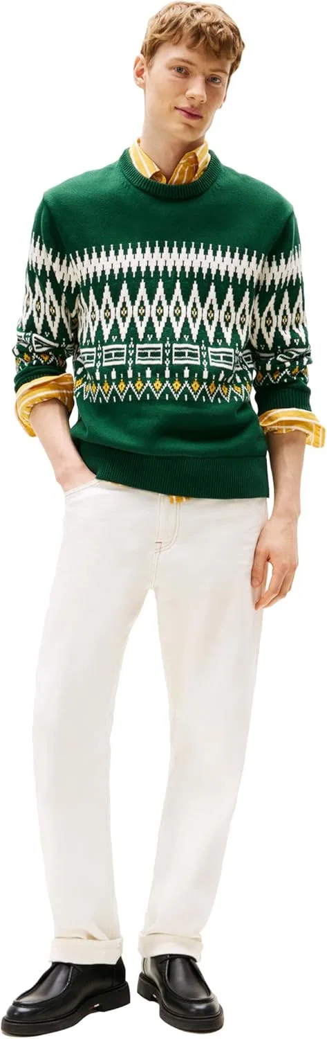 Свитер мужской Tommy Hilfiger Fairisle из хлопка, легкий пуловер, зеленый/слоновая кость — фото 3
