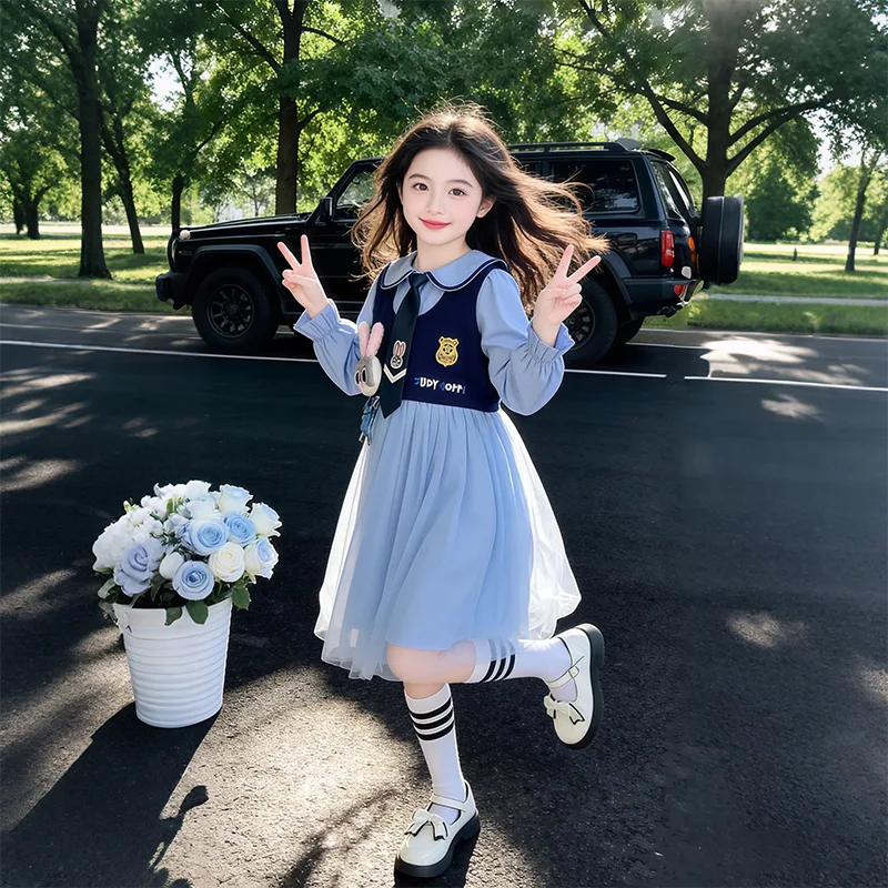 Детский комплект с юбкой на весну-осень Disney, Navy Blue Vest Dress — фото 4