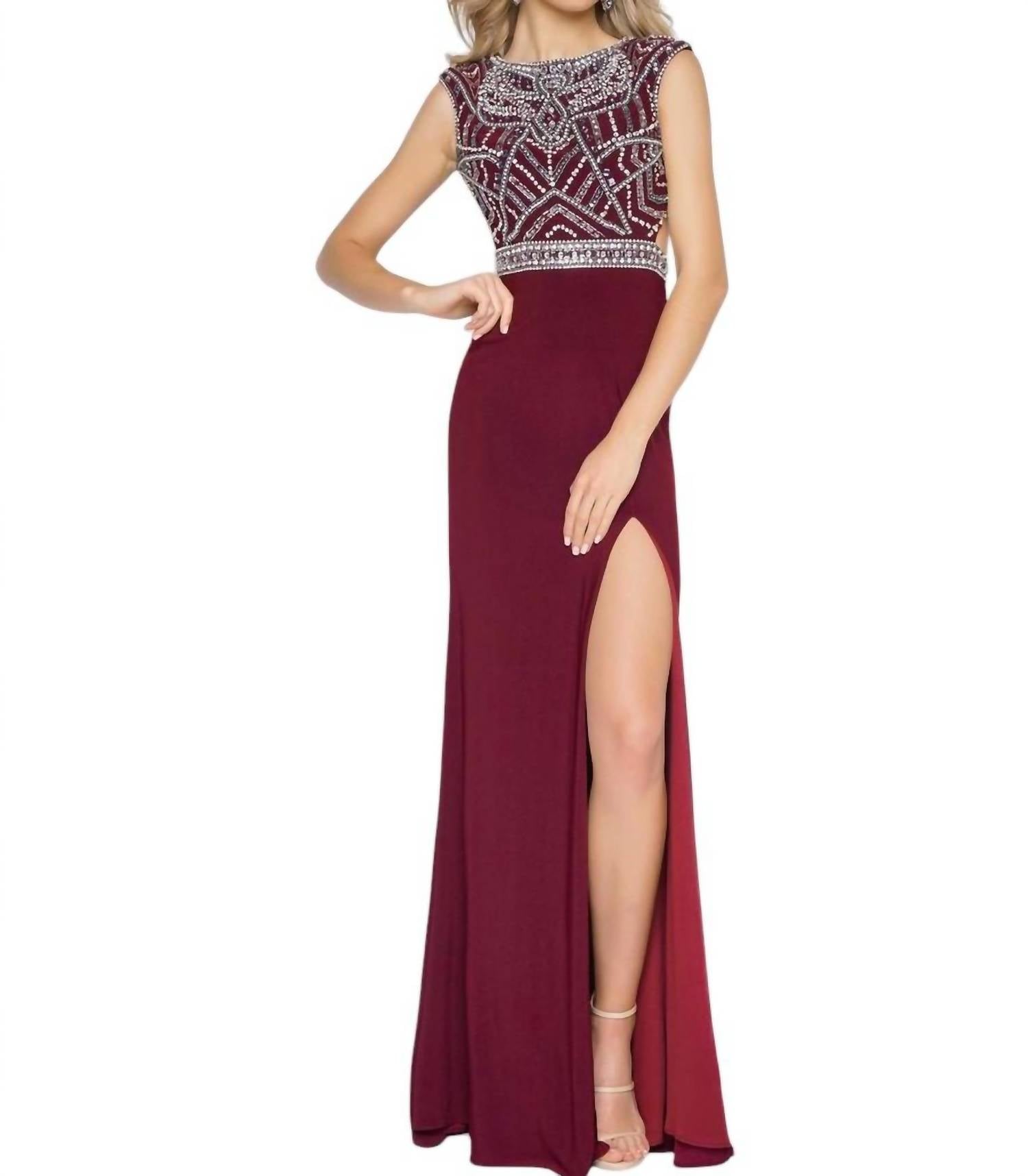 

Платье из джерси с лифом, расшитым бисером, бордового цвета Mac Duggal