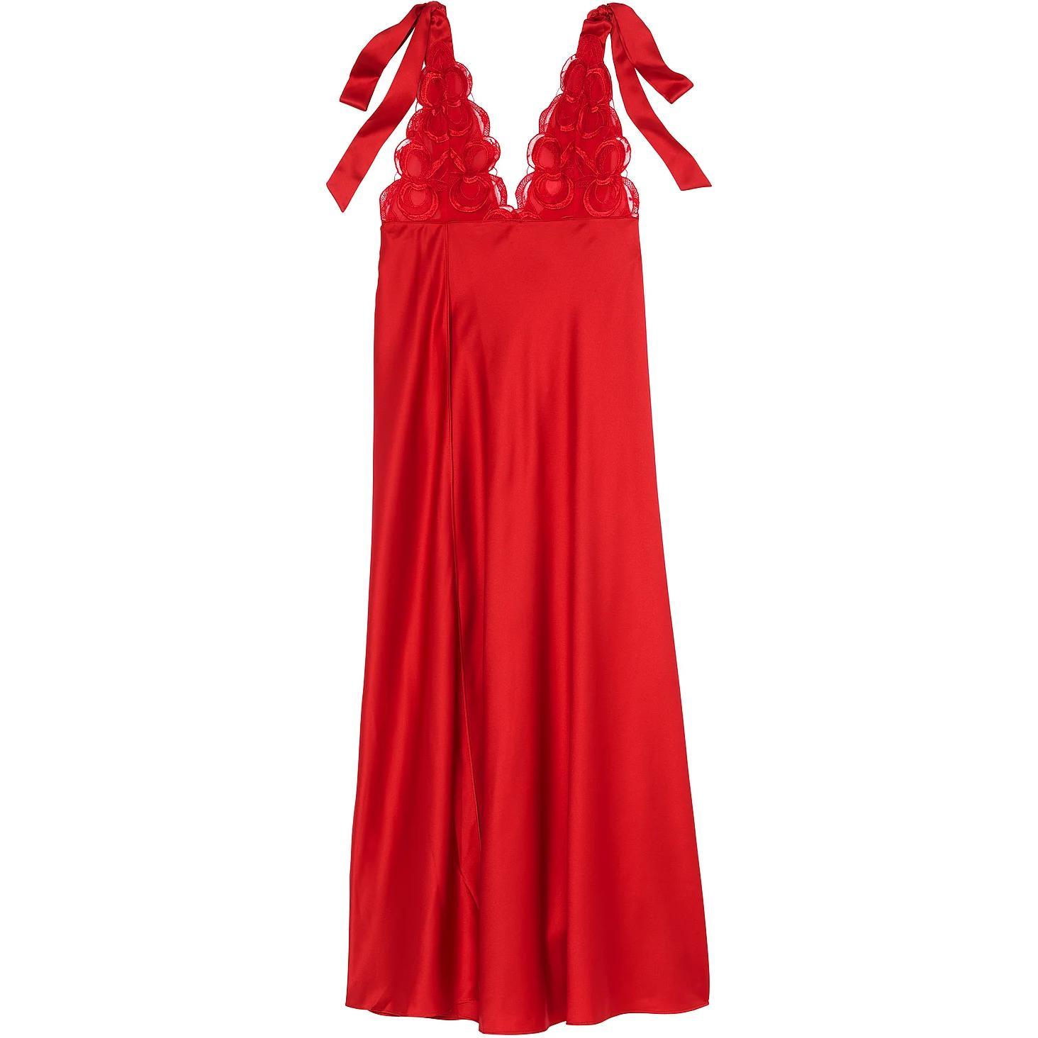 

Связанная бантом вышивка атласное глубокое декольте высокий разрез халат/BV ночная сорочка женская вермилион Victoria's Secret, Bright Vermillion/Vermilion