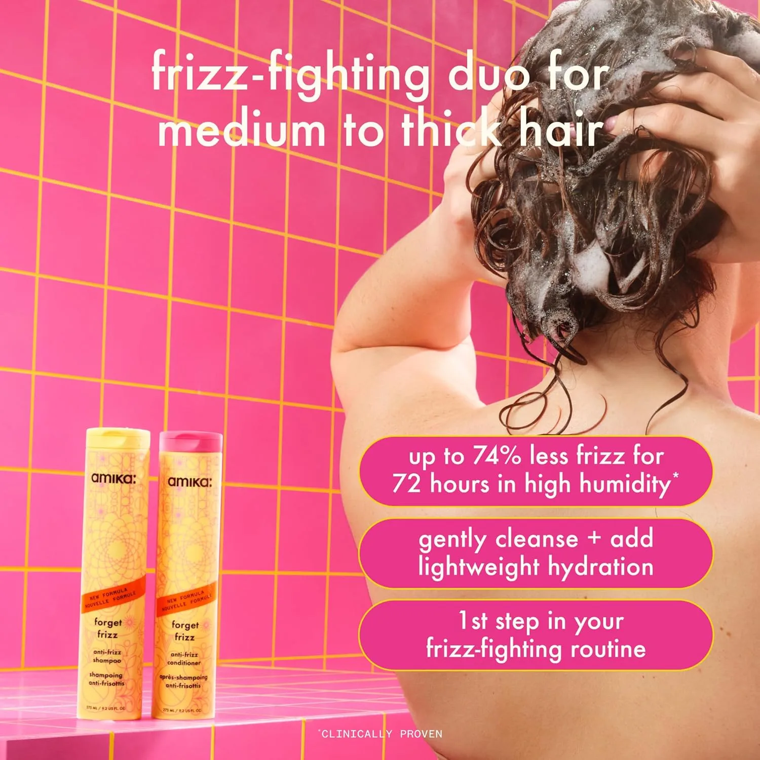 Шампунь против пушистости волос Amika Forget Frizz | Разглаживающий, защита от влажности, контроль пушистости до 72 часов — фото 2