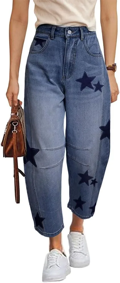 

Джинсы для женщин Barrel Baggy с принтом звезд и подковой Mid Rise Wide Leg Cropped Ankle Wonyier