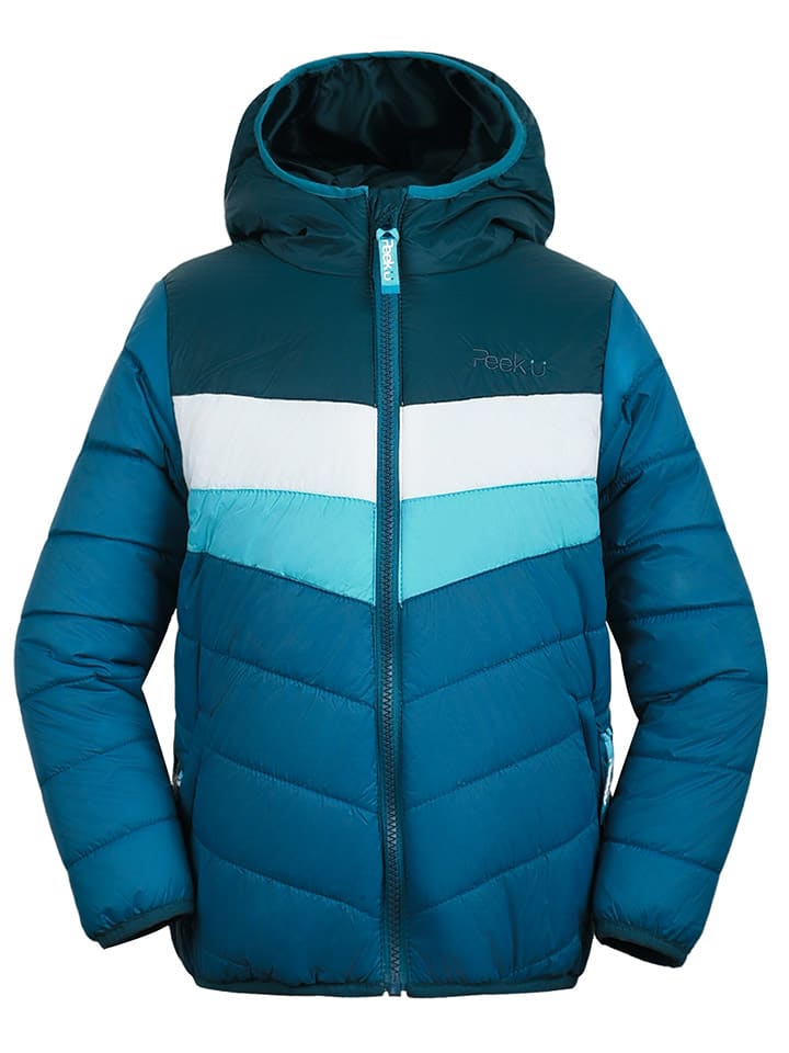 

Всесезонная стеганая куртка Баз в сине-бирюзово-белом цвете Peek U