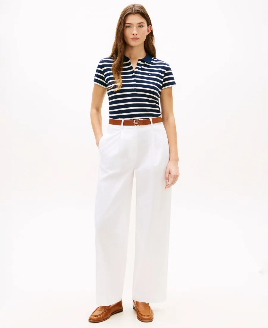 Классическая женская футболка-поло с коротким рукавом из пике Tommy Hilfiger, темно-night темно-синий/экрю stripe — фото 2