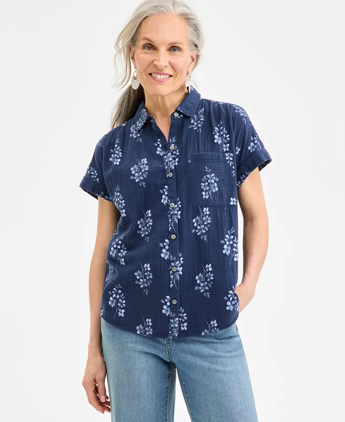 

Женская хлопковая рубашка из газы с принтом Style & Co, синий