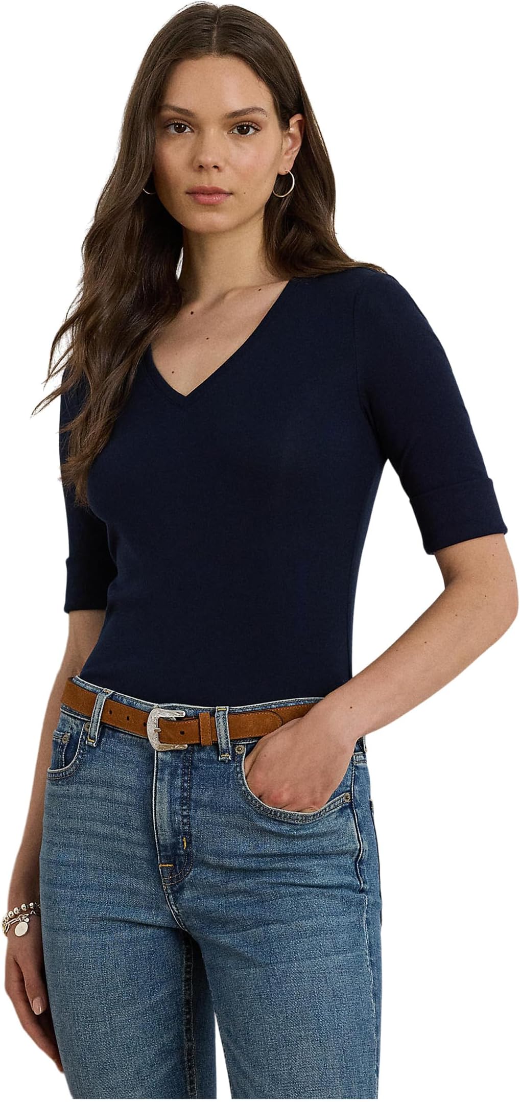 

Женская футболка из эластичного хлопка с рукавами до локтя и V-образным вырезом Lauren Ralph Lauren, Lauren Navy