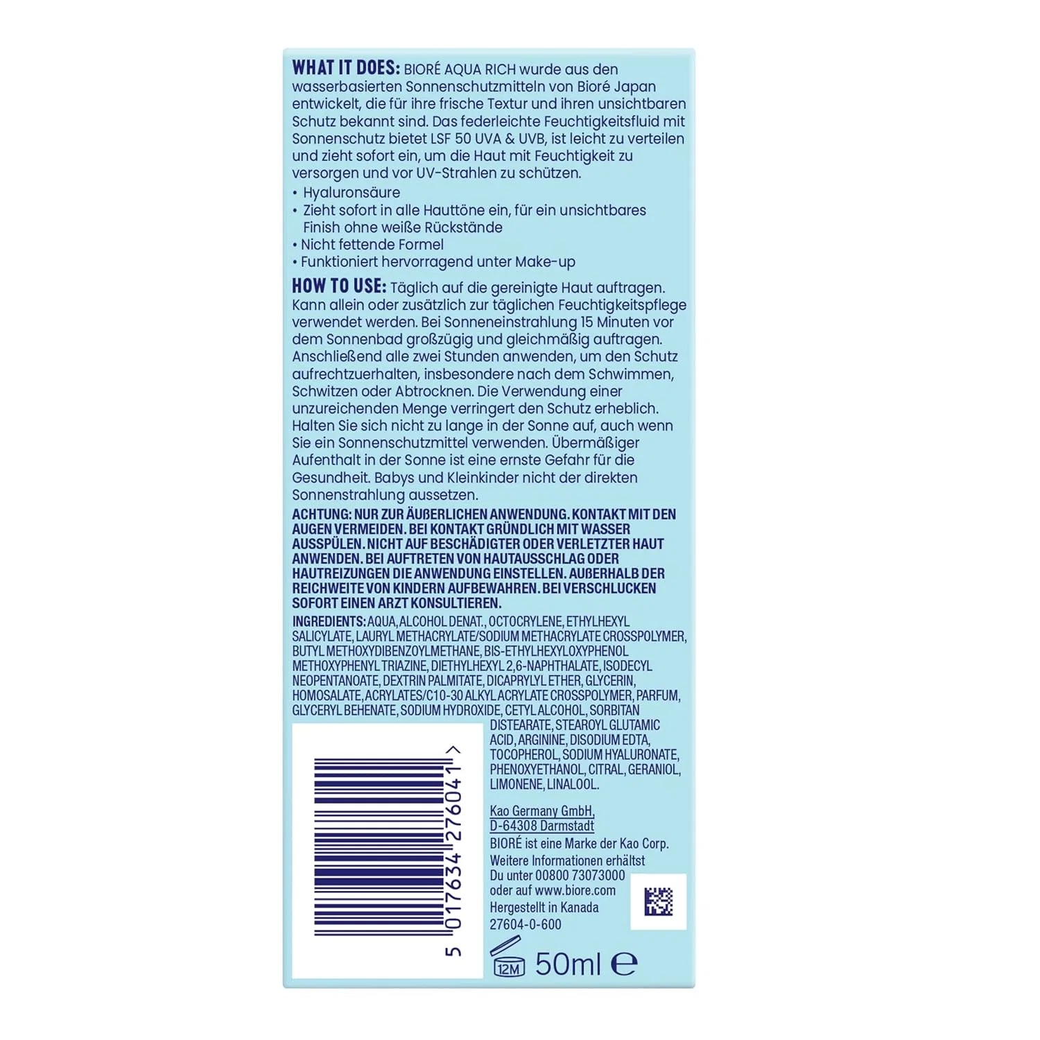 Легкий увлажняющий флюид для лица «Aqua Rich UV» SPF 50 от Biore, 50 мл Bioré — фото 3