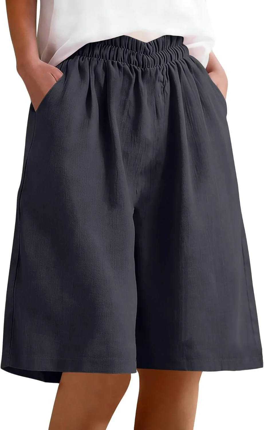 Хлопковые льняные шорты для женщин Bermuda Casual с широкими штанинами и эластичным поясом
