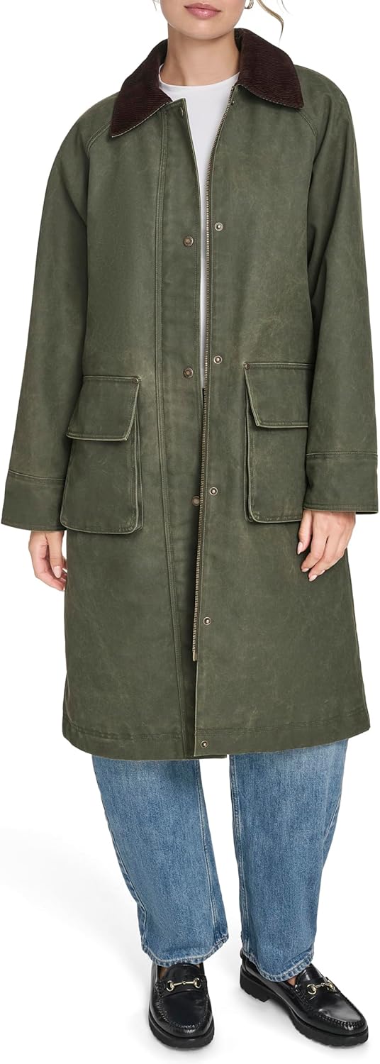 Женская длинное куртка Levi's с вощеным эффектом и клетчатой подкладкой, Dark Olive — фото 2