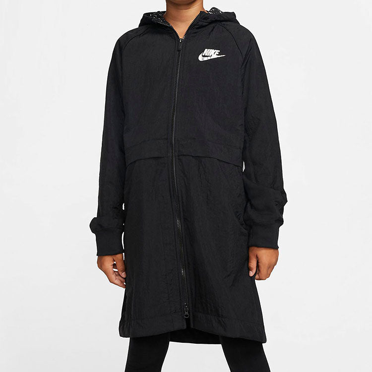 Куртка (GS) Nike Logo Printing Fleece Hooded Mid-Length Sports Girls Black Jacket — фото 2