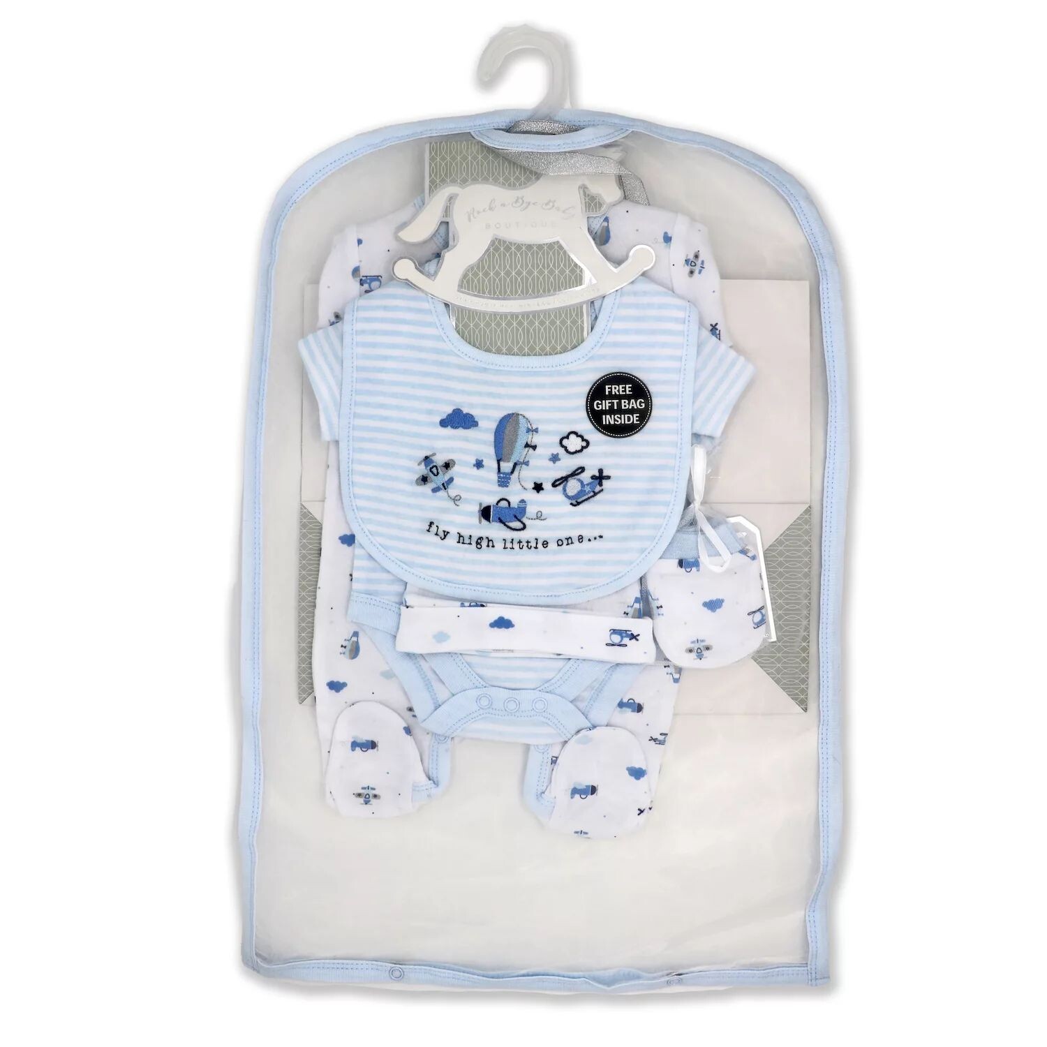 

Подарочный набор Layette из 5 предметов для мальчиков Baby Boys Fly High в сетчатой ​​сумке Rock A Bye Baby Boutique