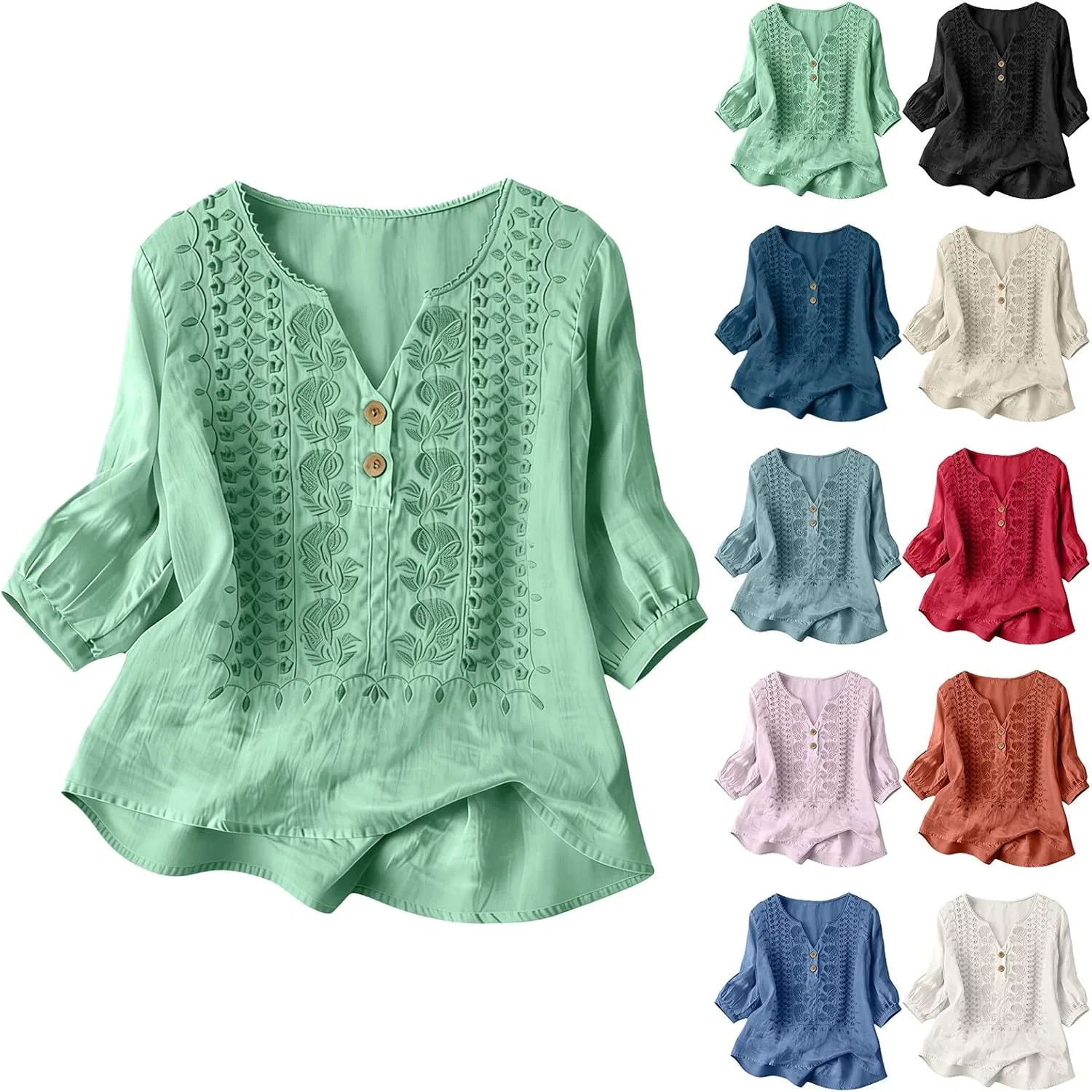 Generic Летние богемные вышитые льняные рубашки для женщин: модные V-образные рубашки с рукавами 3/4 больших размеров, нарядные повседневные блузки, топы из тонкой ткани в крестьянском стиле, 2-зеленый