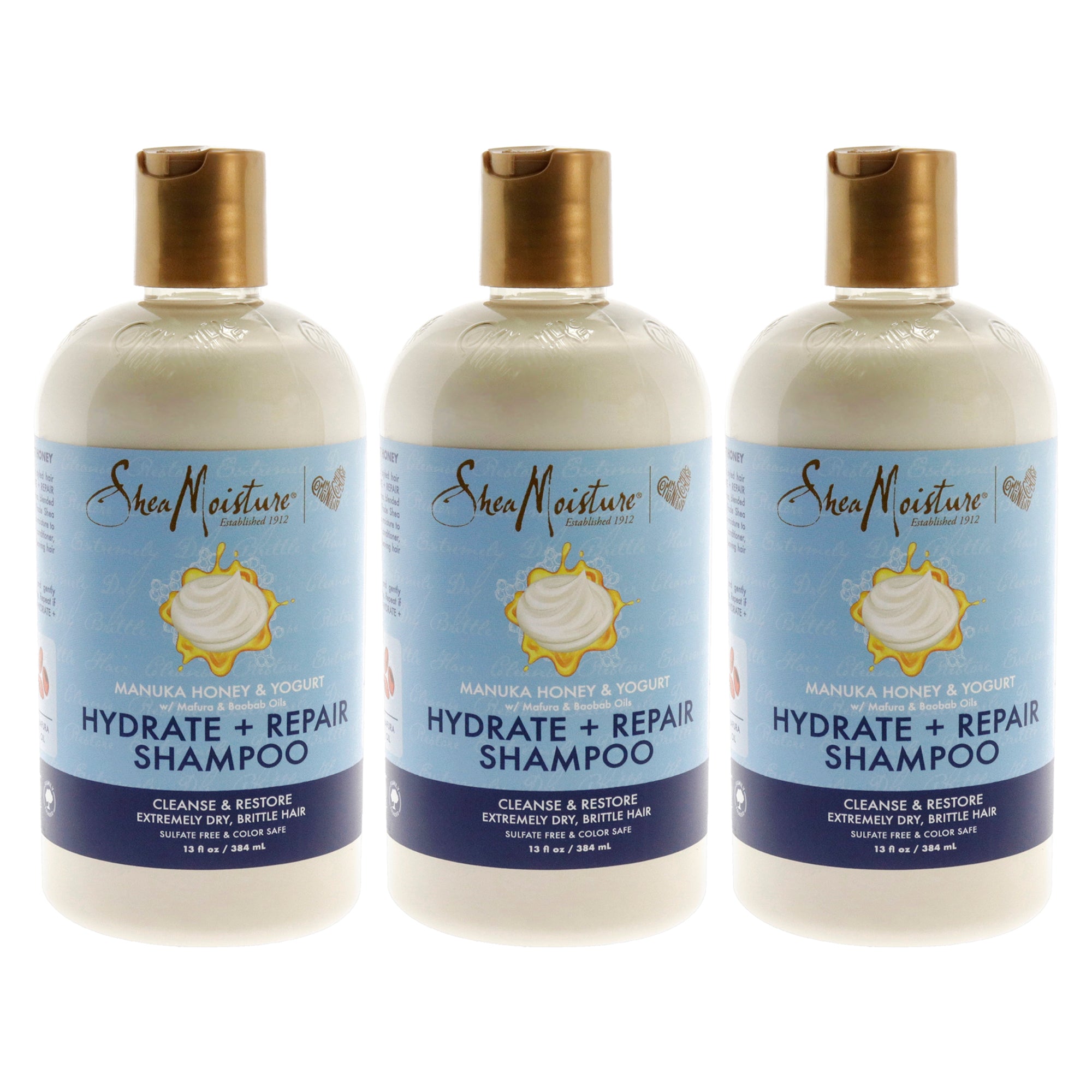 

Шампунь Shea Moisture Hydrate Plus Repair с медом манука и йогуртом, подходит для мужчин и женщин - 383 мл (13 унций) - упаковка из 3 штук, прозрачный