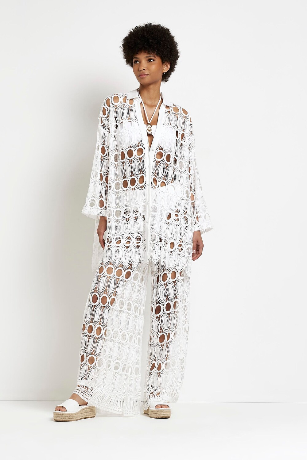 

Кружевная пляжная рубашка оверсайз River Island, белый