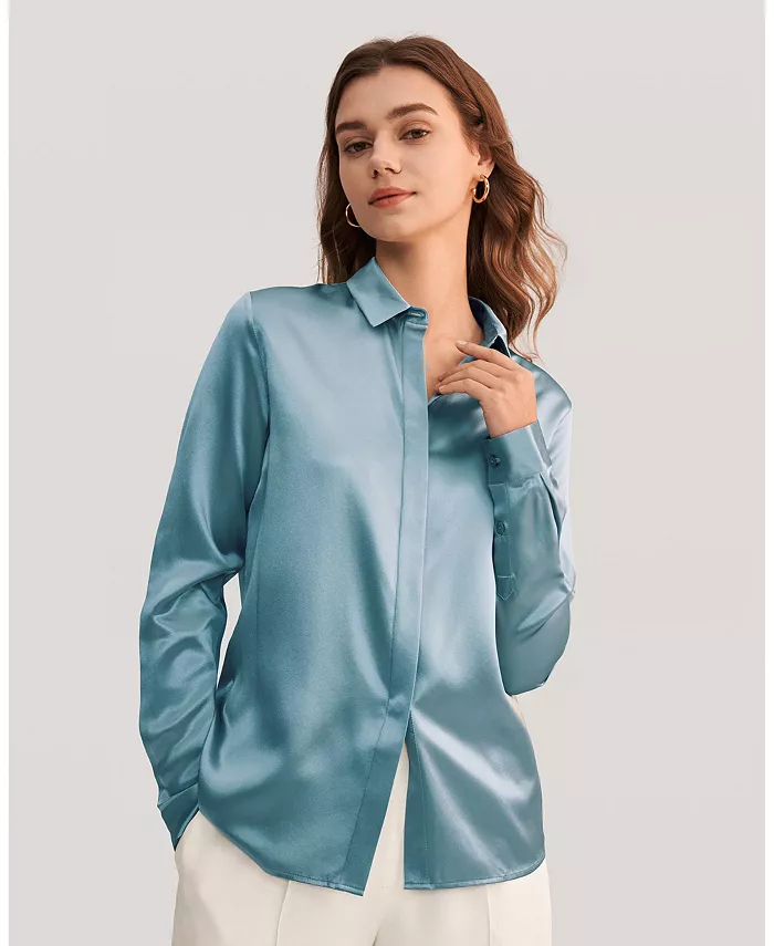 

Женская шелковая рубашка Basic Concealed Placket LILYSILK, синий