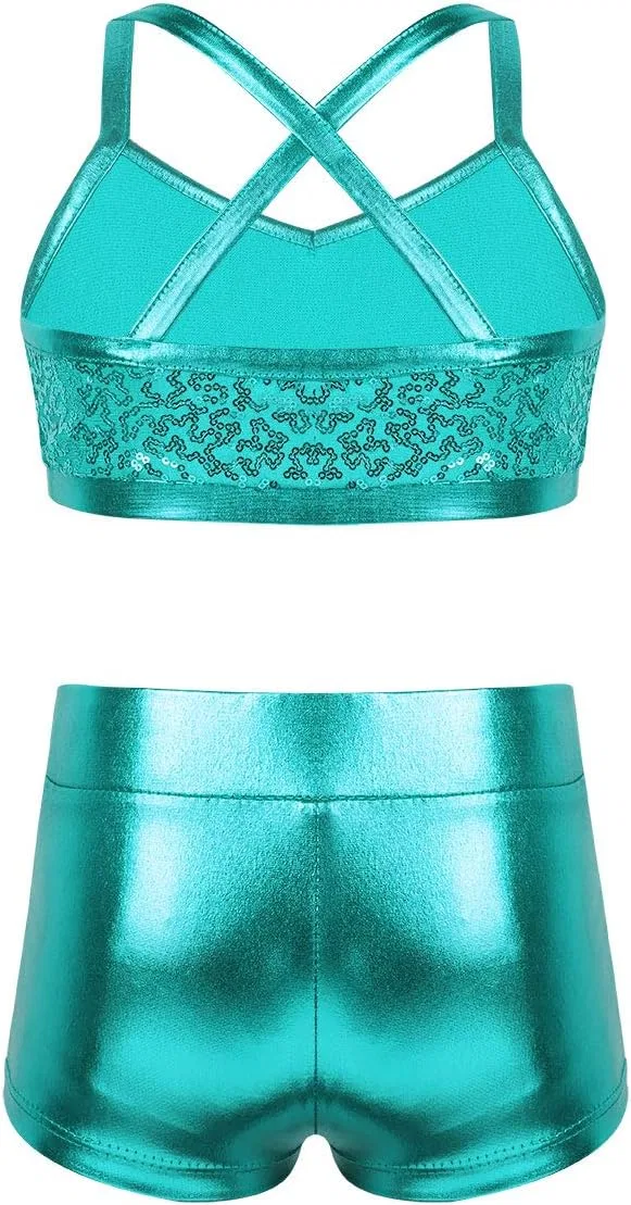 Детский спортивный костюм из пайеток Venjoe, топ и шорты, Lakeblue — фото 2