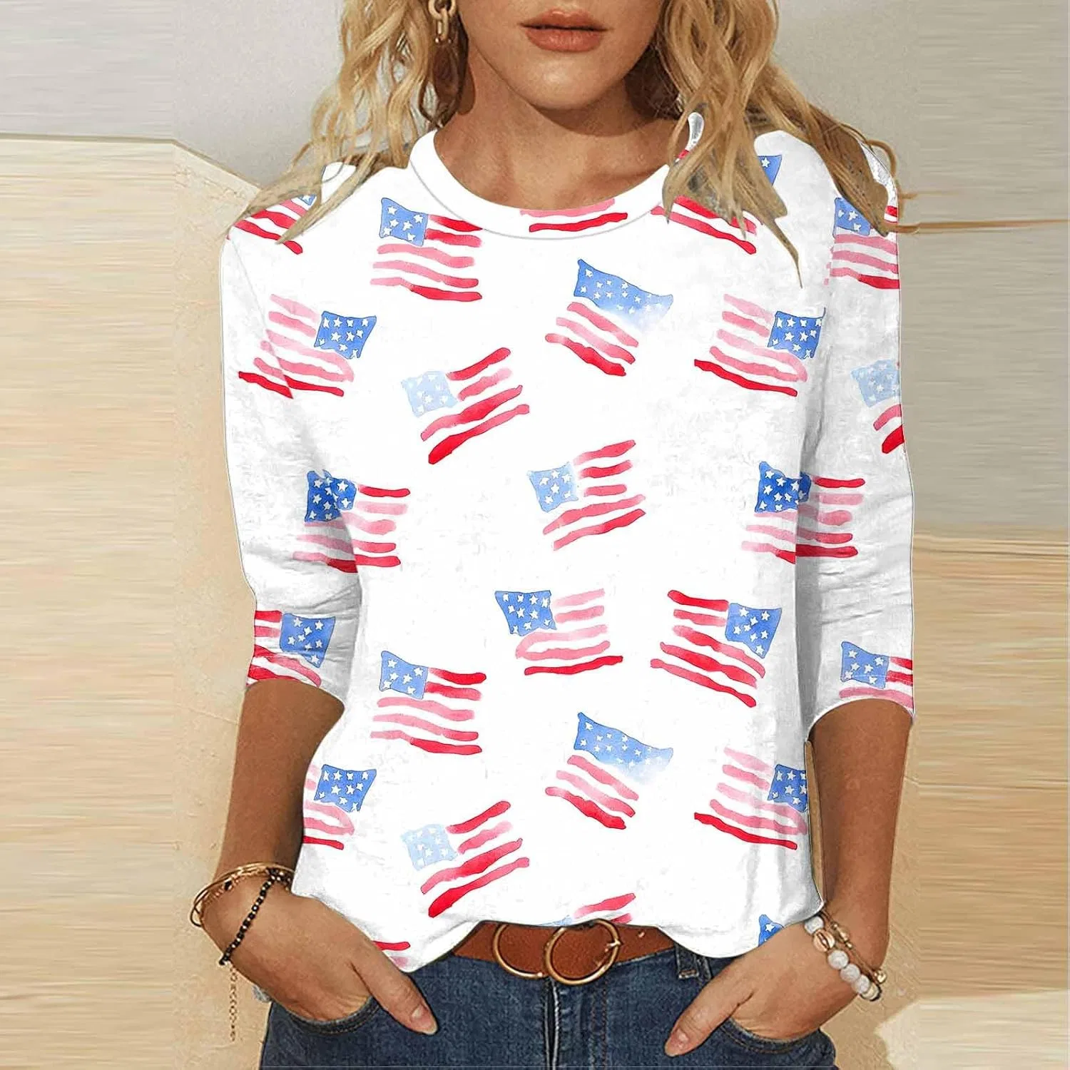 Женская футболка с длиной рукава 3/4, Patriotic American Flag, белый — фото 2