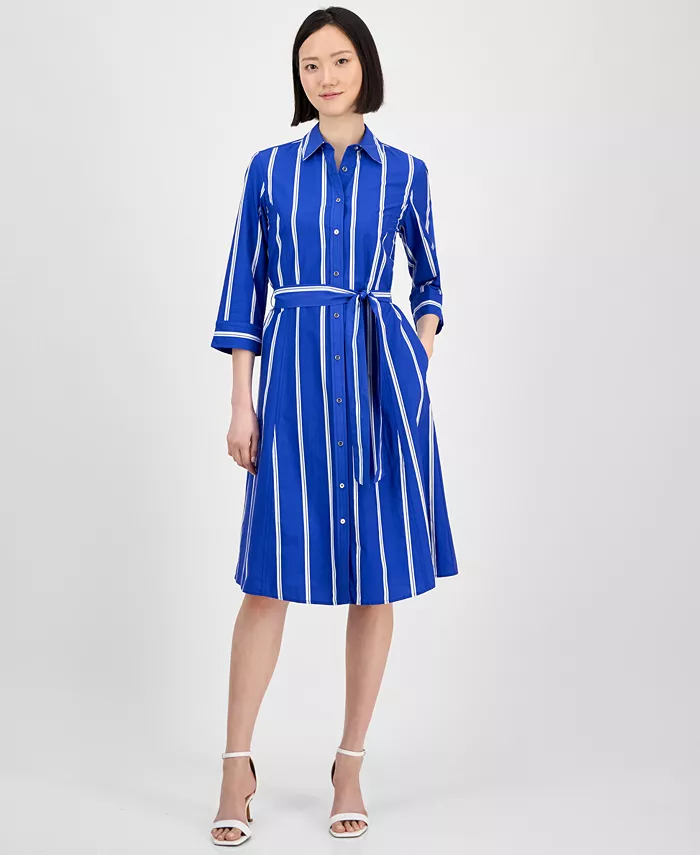 

Женское миди-платье-рубашка в полоску с рукавом 3/4 Anne Klein, синий