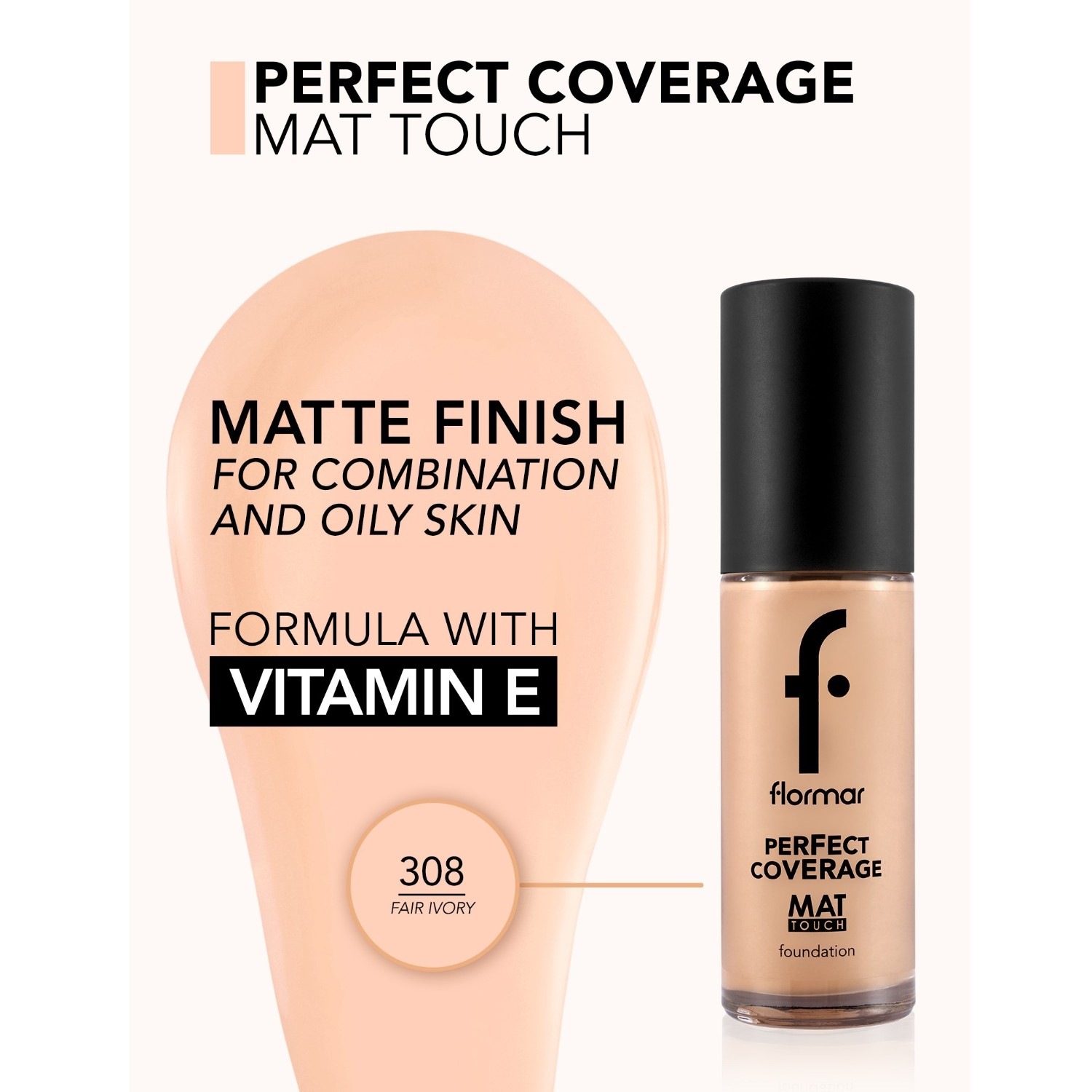 Тональный крем для лица perfect coverage mat tch fdt-303 clssc beige np Flormar, 308 - fair ivory, объем 30 мл — фото 2
