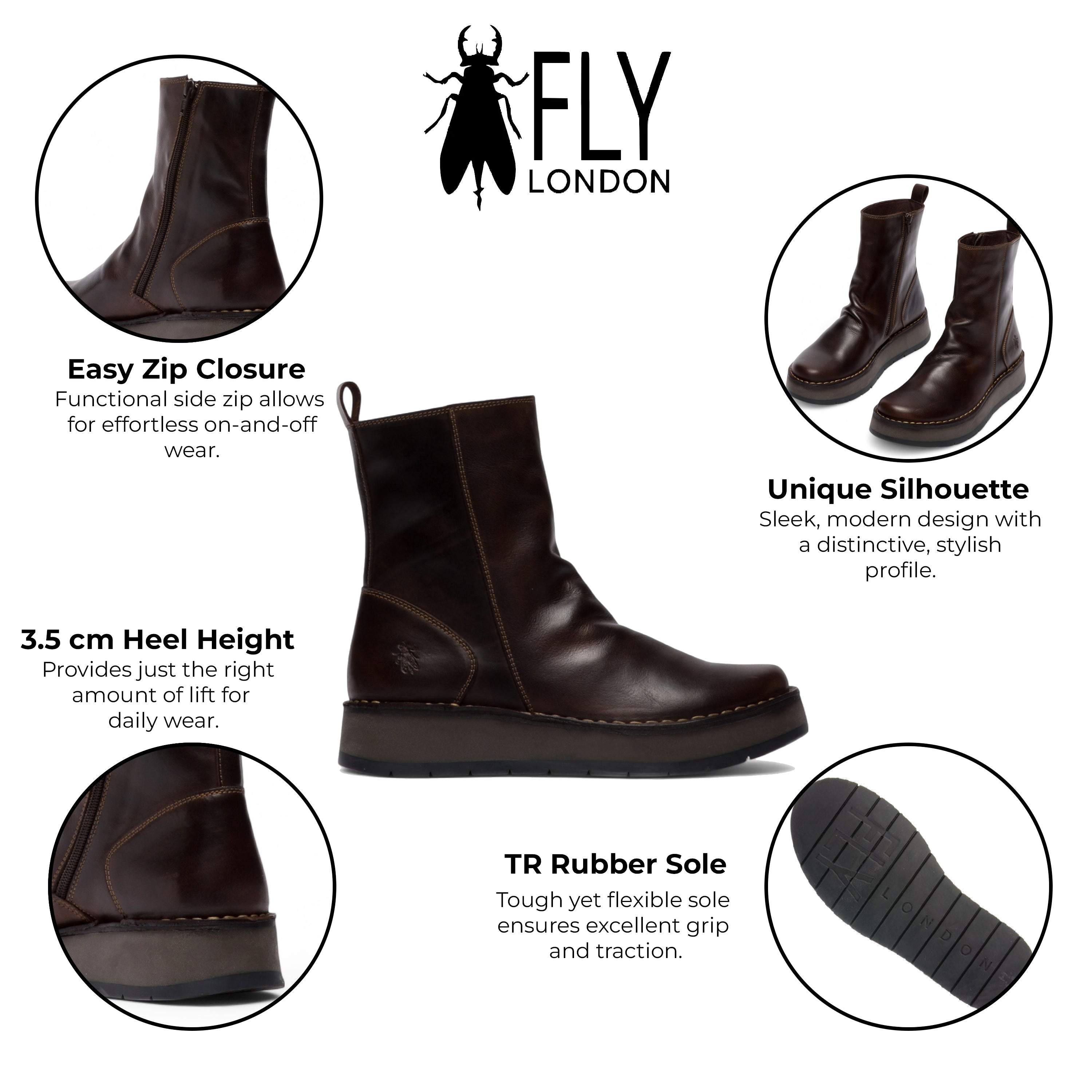 Женские кожаные удобные ботинки Fly London Reno053FLY на платформе с молнией, темно-коричневые — фото 2