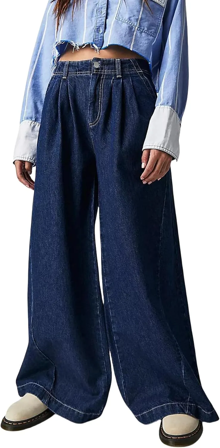 

Perbai женские низкие джинсы с широкими штанинами и складками спереди