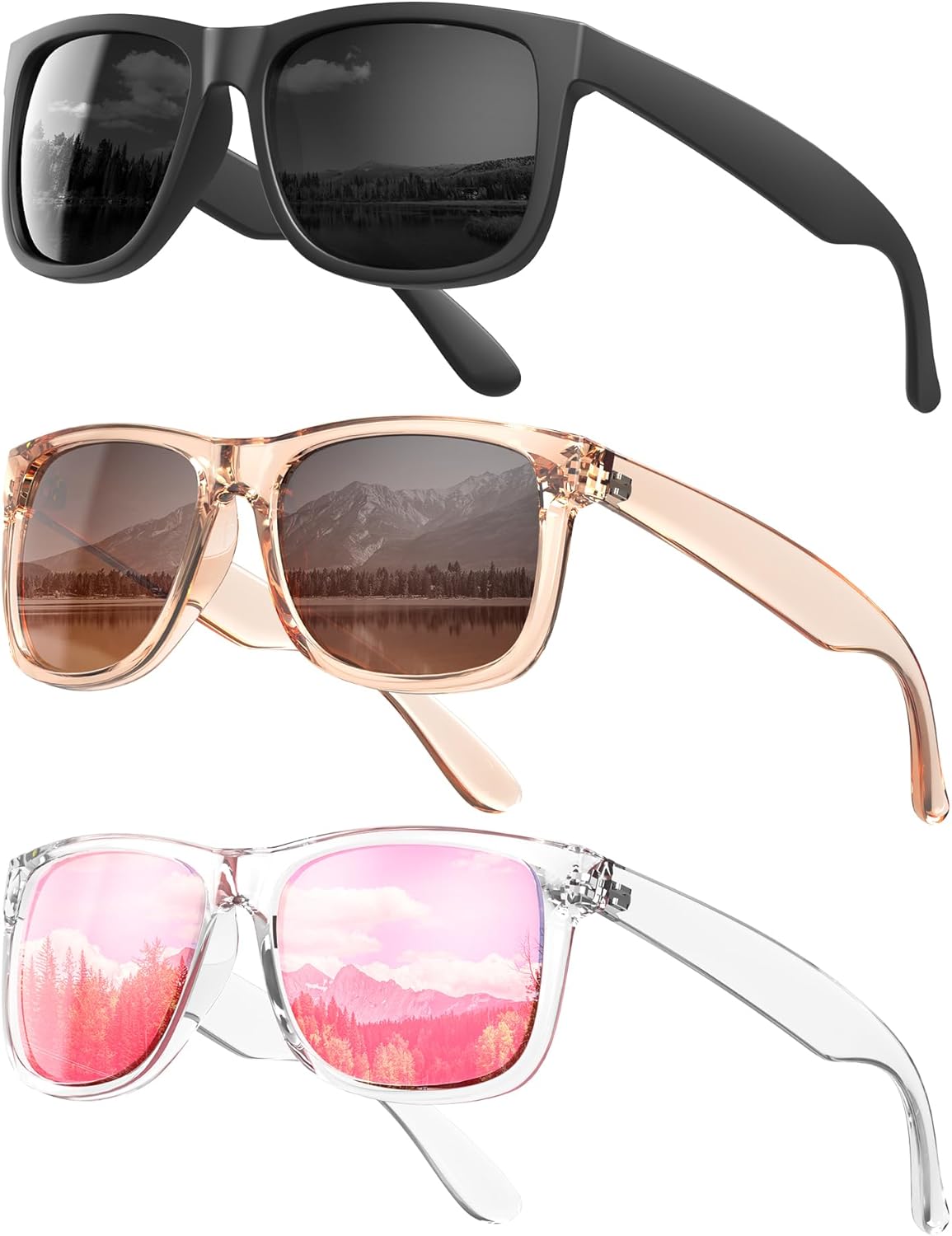 

KALIYADI Женские поляризованные солнцезащитные очки: ретро-стиль, модные солнцезащитные очки с защитой UV400 для вождения и путешествий, (3 Pack) Black/Crystal Brown/Pink