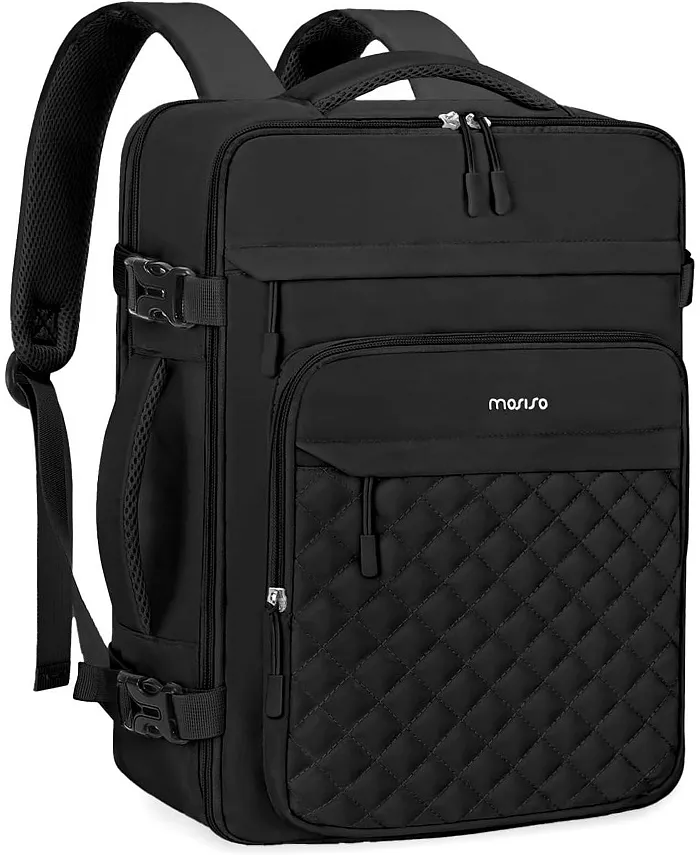 

Черный стеганый рюкзак для ноутбука с ромбовидным узором - одобрен для ручной клади в самолетах, с упаковочными отсеками и USB-портом | Рюкзак 15-16 дюймов, одобренный TSA, для учебы, работы и деловых поездок MOSISO