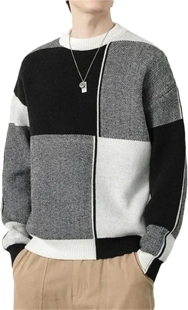 

Мужской свитер в клетку Harajuku с длинными рукавами и круглым вырезом