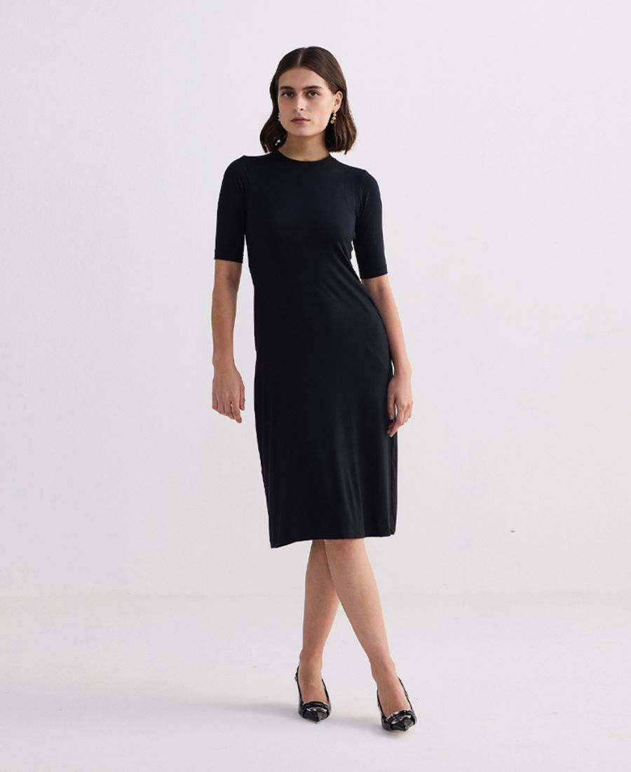 

Женское облегающее платье с высоким круглым вырезом и рукавами до локтя, черное Reistor, Black