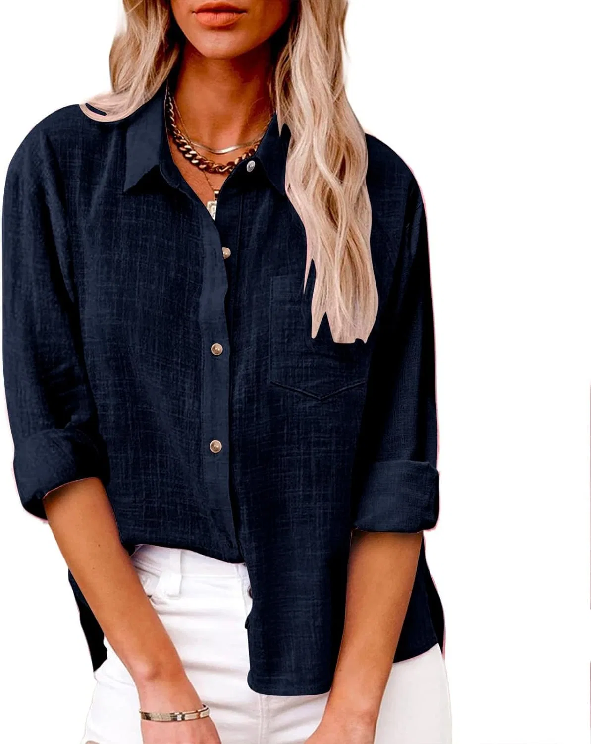 Блуза с длинным рукавом, Cotton Linen, 70% хлопок 30% лен, Navy — фото 2