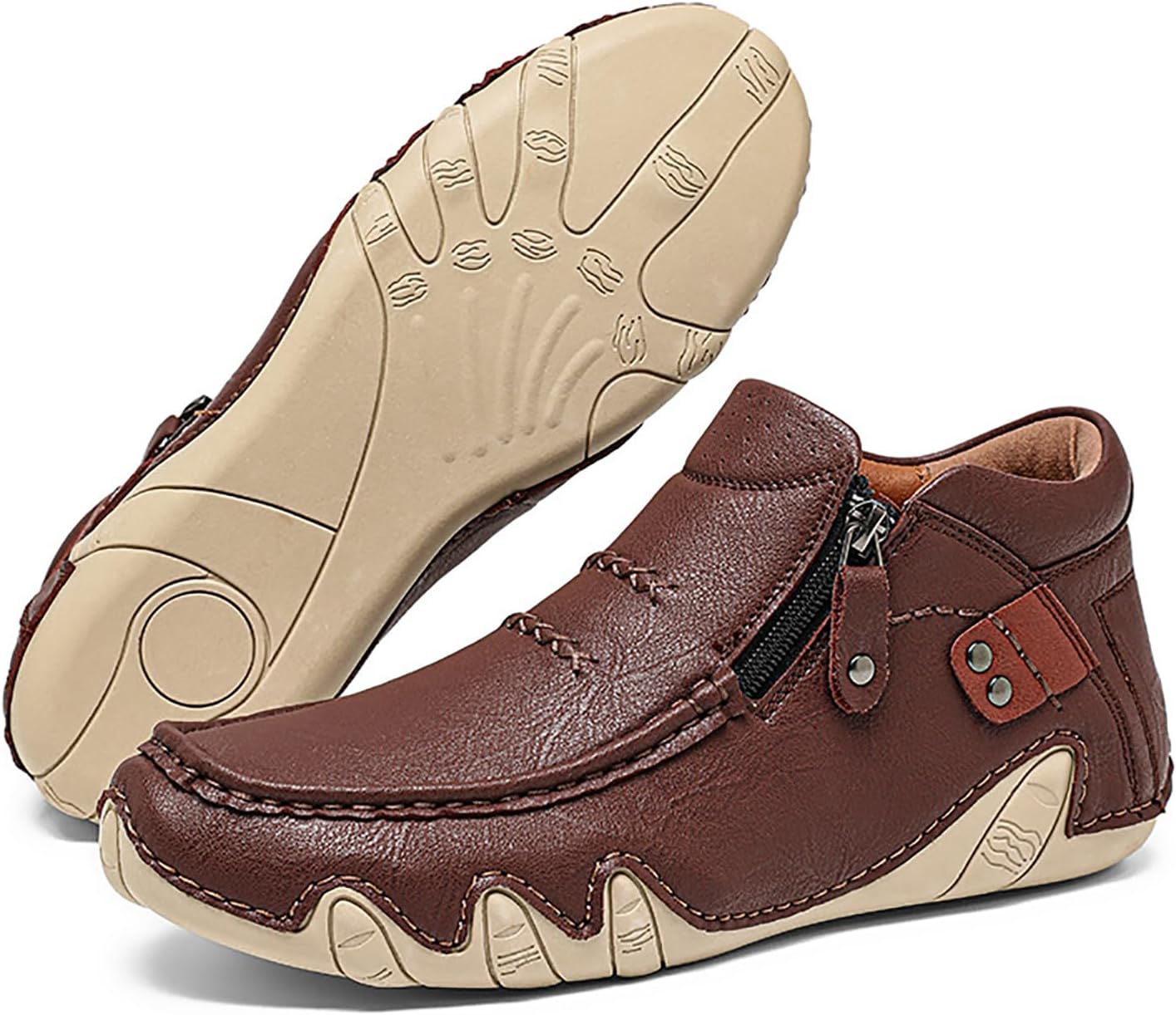 

Мужские кожаные ботинки ENOEGMSD с ручной строчкой, высокие ботинки до щиколотки, удобные, на молнии сбоку, ортопедические, для вождения и походов, повседневные, нескользящие, водонепроницаемые чукка-бутсы, Coffee