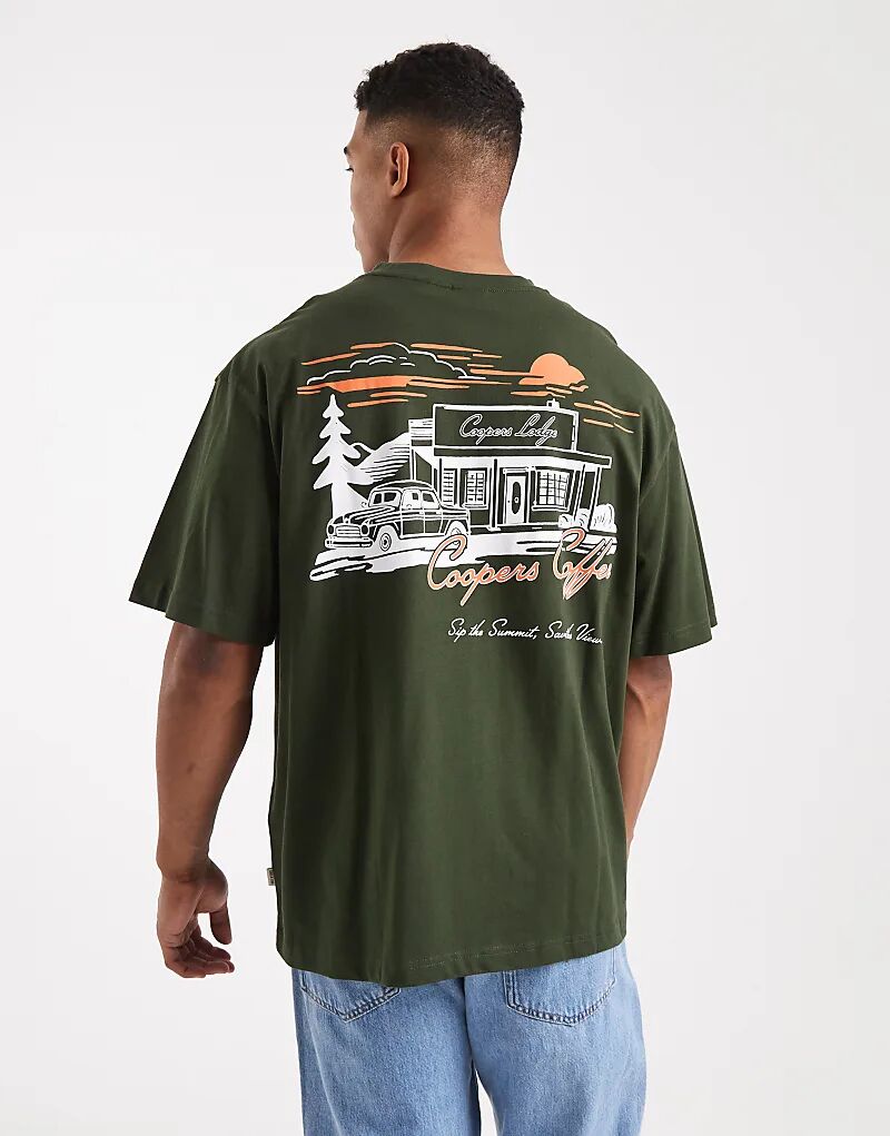 

Футболка ONLY & SONS свободного кроя в винтажном стиле с кофейным принтом на спине, темно-зеленого цвета